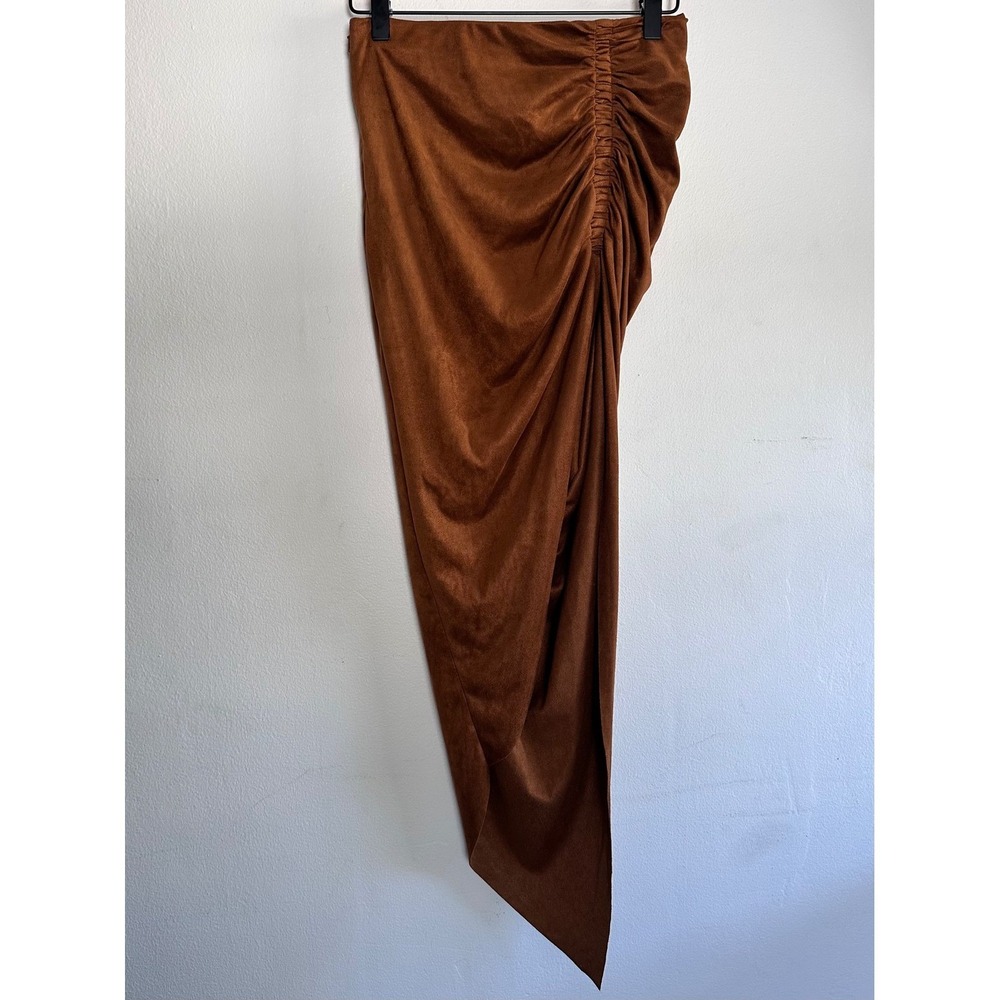 Bardot Rust Faux Suede Ruched Asymmetrical Midi Skirt XS US 4 Avant Garde Chic